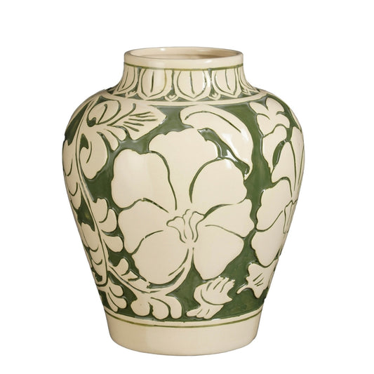 Aylin vaas keramiek in het groen met vintage bloemen, leuk voor decoratie of om bloemen in te zetten