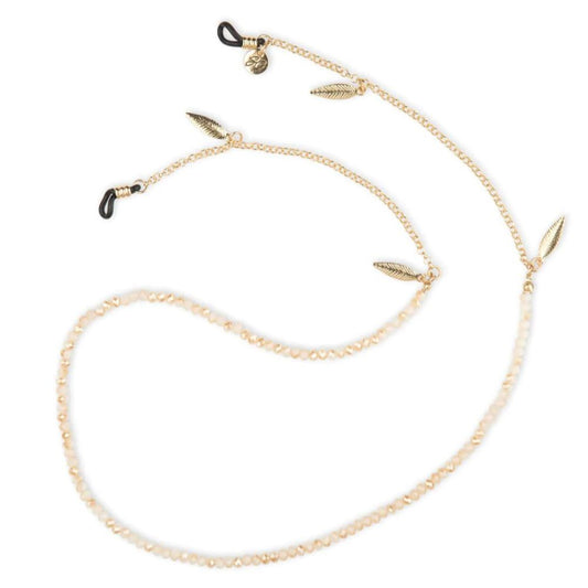 Brillenkoord Goud met prachtige kleine kristalkralen met 4 witte veertjes