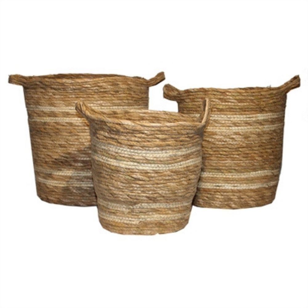 Manden van zeegras met hengels in 3 verschillende maten. Deze manden hebben leuke decoratieve creme strepen.