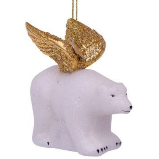 Glazen kerstdecoratie Vondels witte ijsbeer met gouden vleugels H=7.5 cm