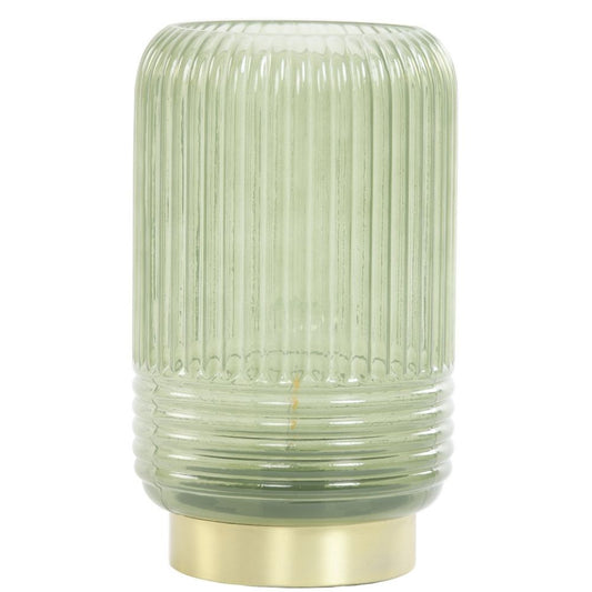 Tafellamp groen van glas op een een gouden voet. Het glas heeft een geribbelde structuur