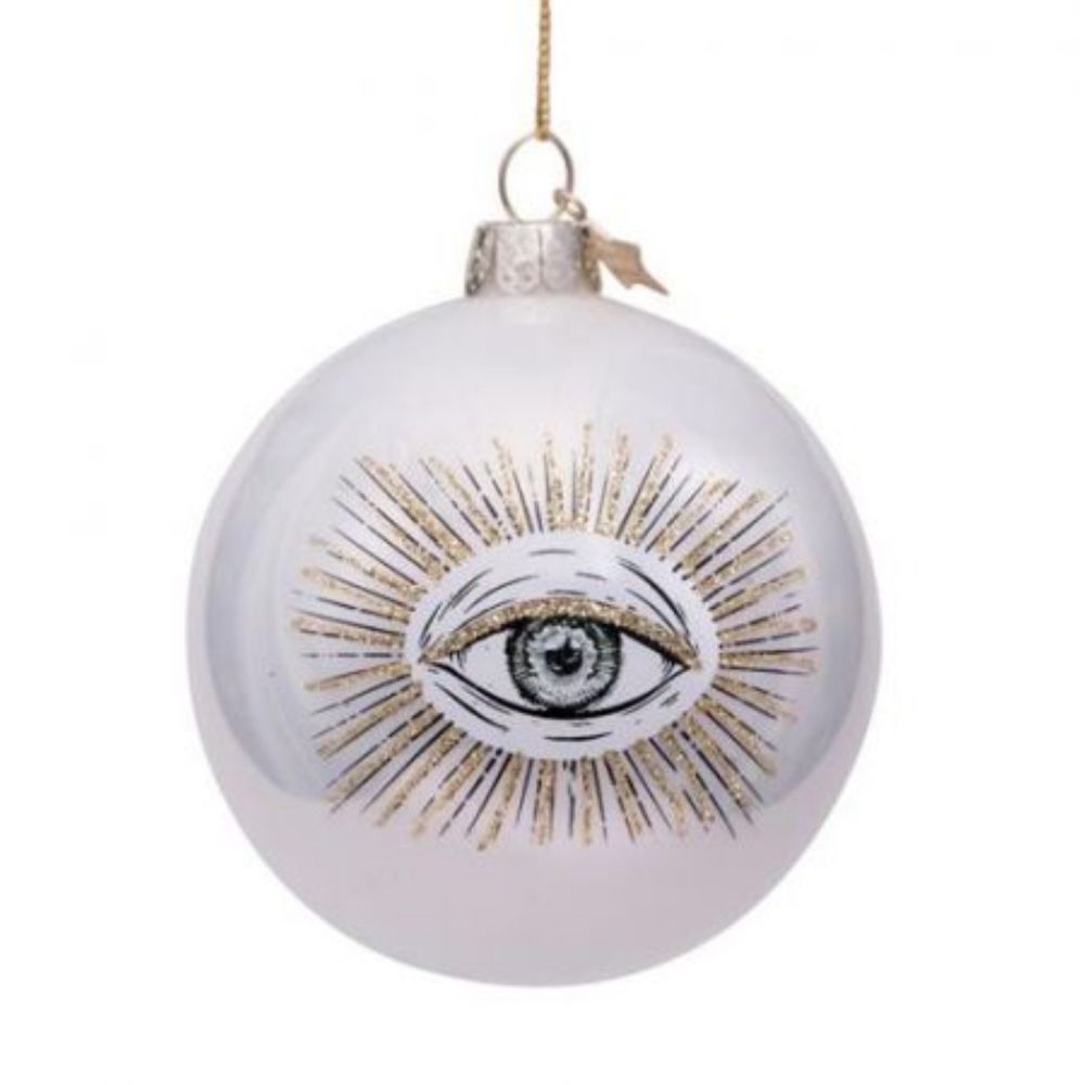 Witte kerstbal met oog en gouden glitters van het merk Vondels