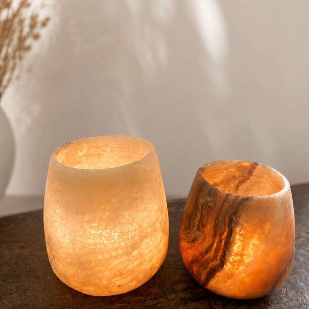 Alabaster waxinelichthouder druppel bruin brandend