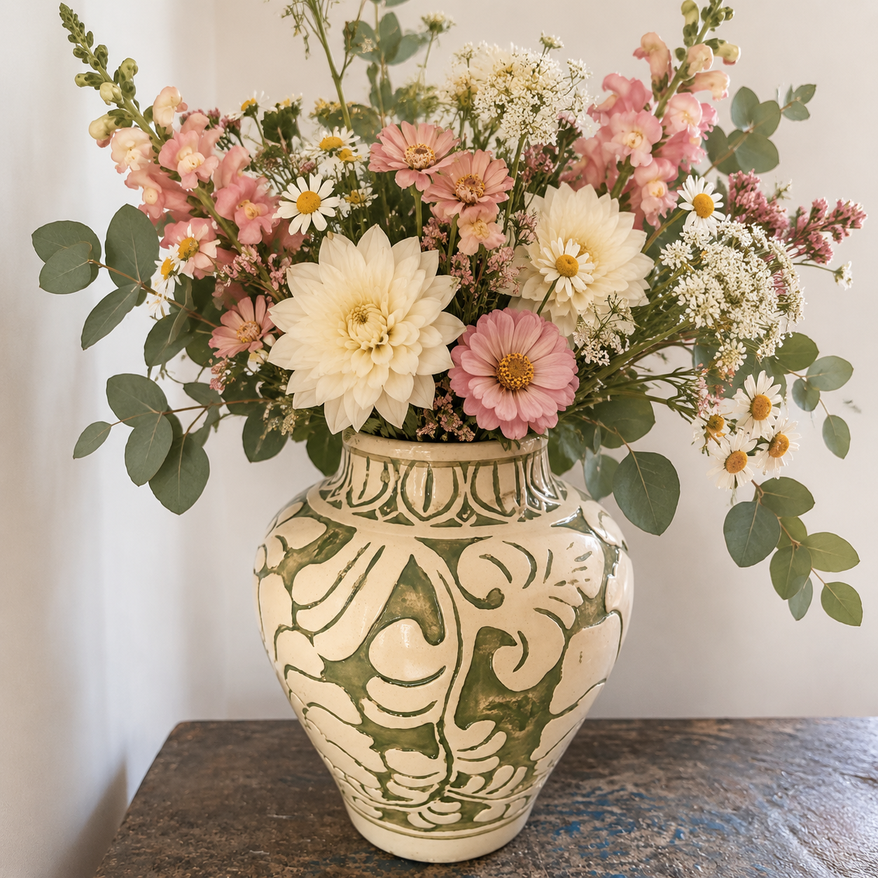 Aylin vaas keramiek  in het groen met vintage bloemen op de vaas en verse bloemen in de vaas