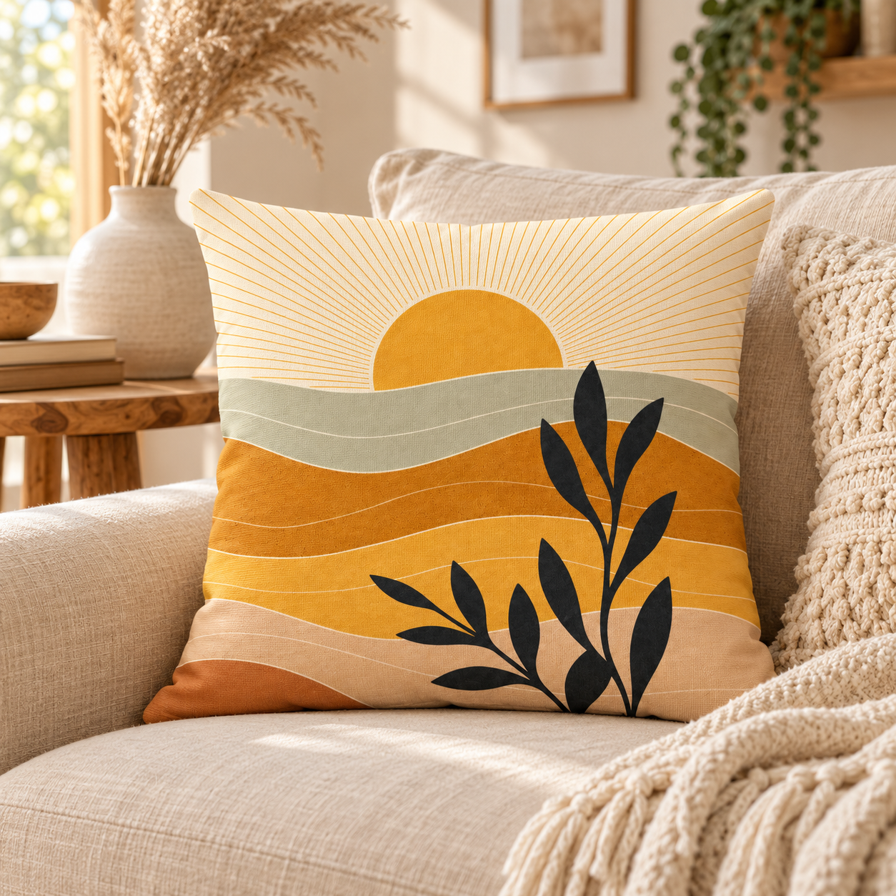 Boho Sierkussen met print ondergaande zon - vierkant