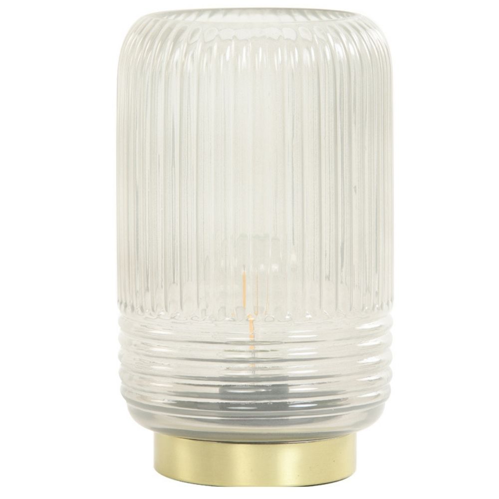 Tafellamp in het grijs met een gouden voet. Deze lamp wordt geleverd met LED lamp en werkt op batterijen.