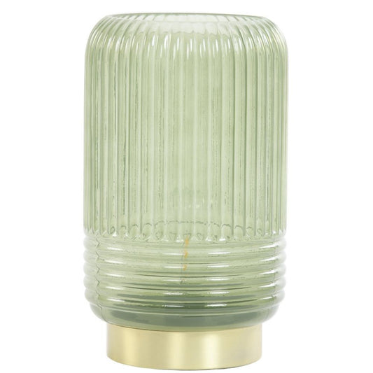 Tafellamp groen van glas op een een gouden voet. Het glas heeft een geribbelde structuur 