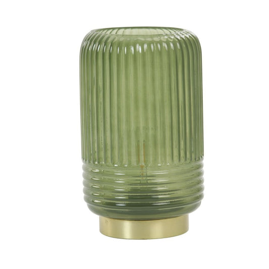 Tafellamp van glas in het groen op een gouden voet. De structuur van de lamp is geribbeld